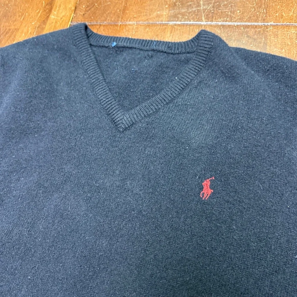 Polo Ralph Lauren 100% Wool Sweater Vest Mens Medium Black Red Pony V-Neck Knit